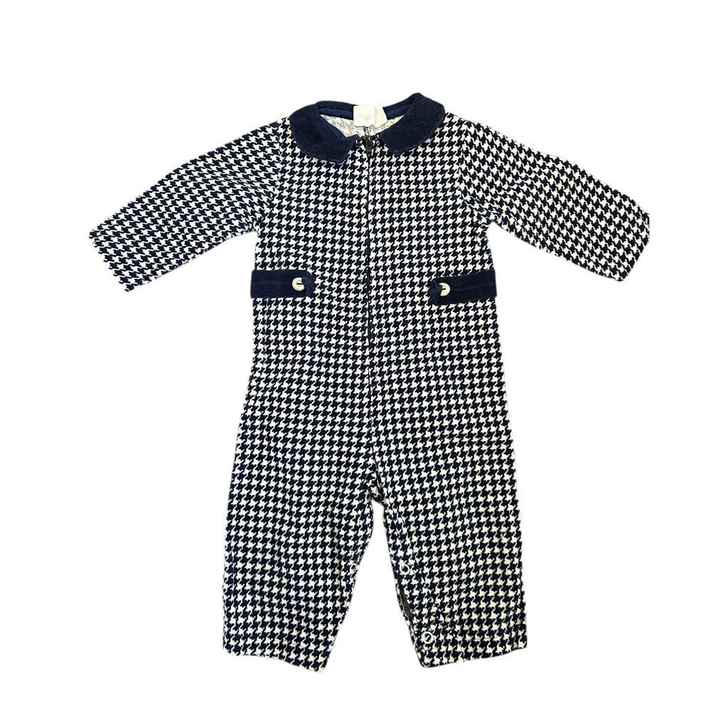 Vintage Danny Dare Corduroy Houndstooth One Piece Jumpsuit Navy White 3-6 mo